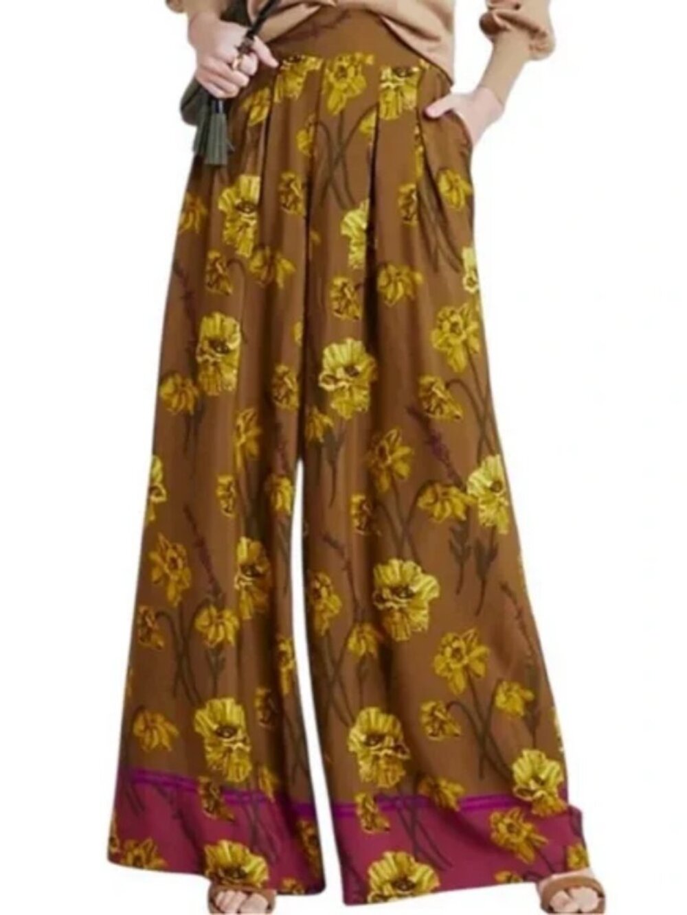 MAEVE Anthropologie Terrace Floral Wide Leg Pants Womens 2 PETITE Brown